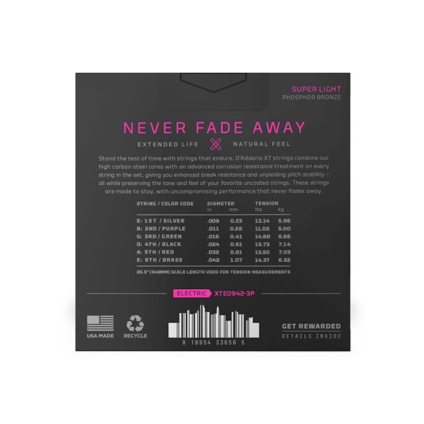 D'Addario XTE0942-3P, Strenges�t til elektrisk guitar, XT Coated, 009-042, 3-pak